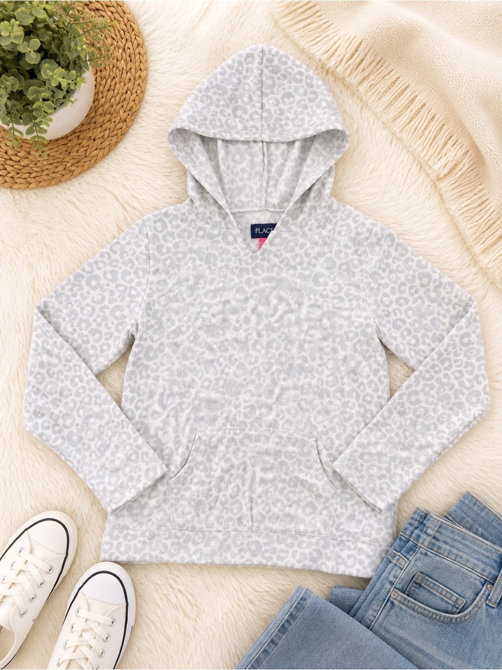 Girls Leopard Print Hoodie XL 14 Gray Cozy Pullover